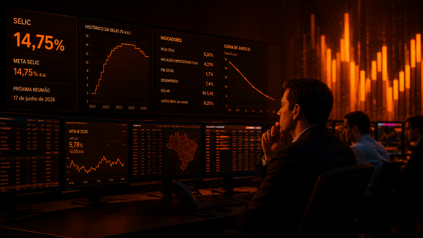 Painel mostrando taxa de juros e indicadores econômicos em sala de operações.