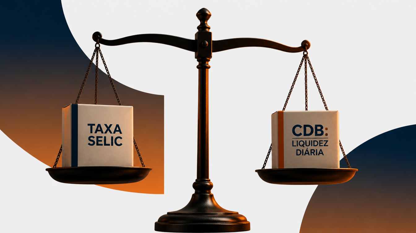 Moedas e cédulas de real com calculadora, representando comparação entre opções de investimento conservador.